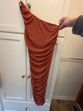 Lulu's Rust Asymmetrical Ruched One-Shoulder Skirt